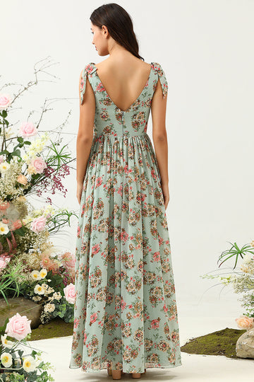 Green Floral A Line V Neck Printed Long Bridesmaid Dress with Ruffles